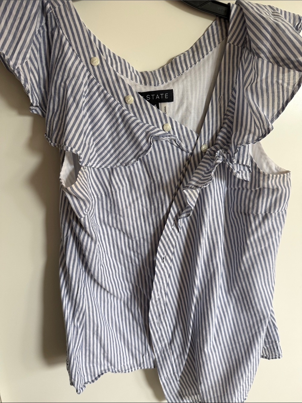 STATE Light Blue and White Striped Ruffle Cap-Sleeve Top